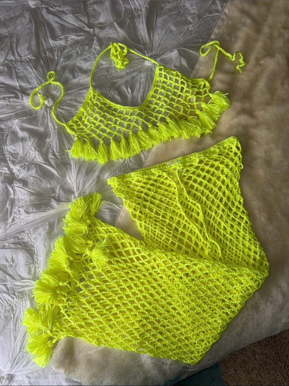 Fashion Nova Neon Yellow Crochet Swim Coverup Skirt Set